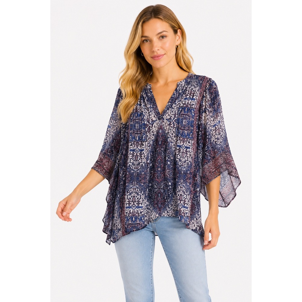 Joie Tunic Top XS Blue Maroon Boho V Neck Drape Sleeve‎ Flowy Blouse Chic